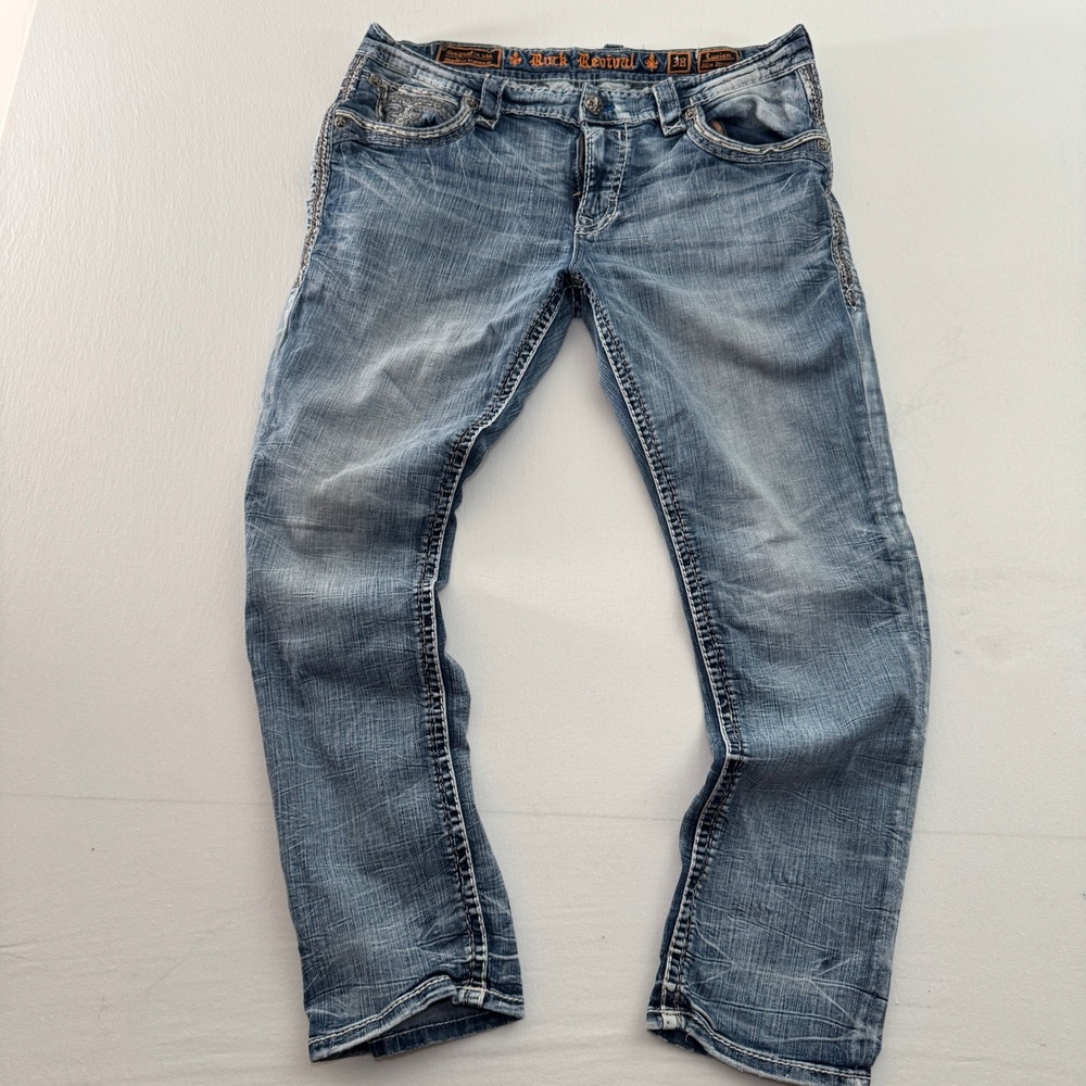 Rock Revival Lucian Slim Straight Mens Jeans Blue Distressed Size 38 x 30-31
